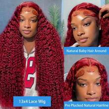 36 Inch 99j Burgundy Wig Human Hair 250% Density 13x6 Deep Wave Lace Front Wigs Human Hair 13x4 HD Transparent Curly Lace Front Wigs Human Hair For Women Pre Plucked Wet And Wavy Red Colored Deep Curly Lace Frontal Wig - S99J - Xem 7