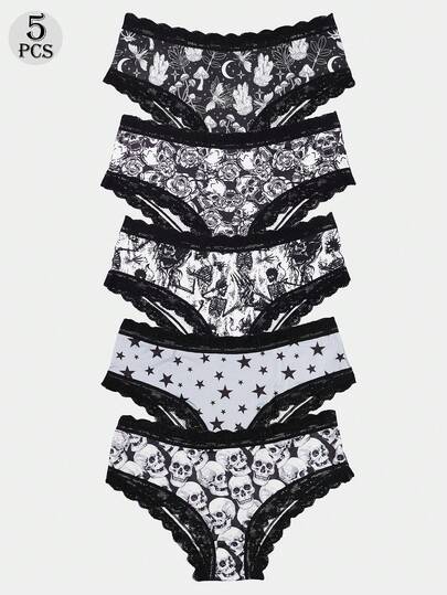 Dircho 5pcs Women's Edgy Print Briefs Set & Skull & Star & Mystic Pattern & Black Lace Trim & Soft Fabric & Black-White Color Scheme & Daily Comfort Underwear & Bold Casual Style