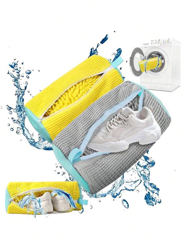 Durable Full Shoe Cleaning Bag - Yellow, Blue Zipper, Non-Woven Fabric, Suitable For Sports And Casual Shoes, Protects Shoes From Stains, Zipper Shoe Washing Bag, Durable Fabric, Shoe Storage And Organization Bag, Laundry Bag