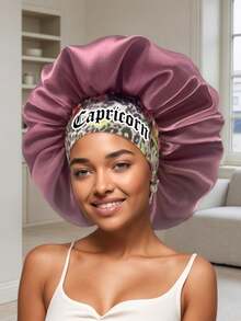 1PC Silky Satin Bonnet – Wide-Brim Elastic Sleep Hair Cap With 12 Constellations Print (Pattern Selected Randomly) - Bean Paste Red-sM15-3-constellation - View 9