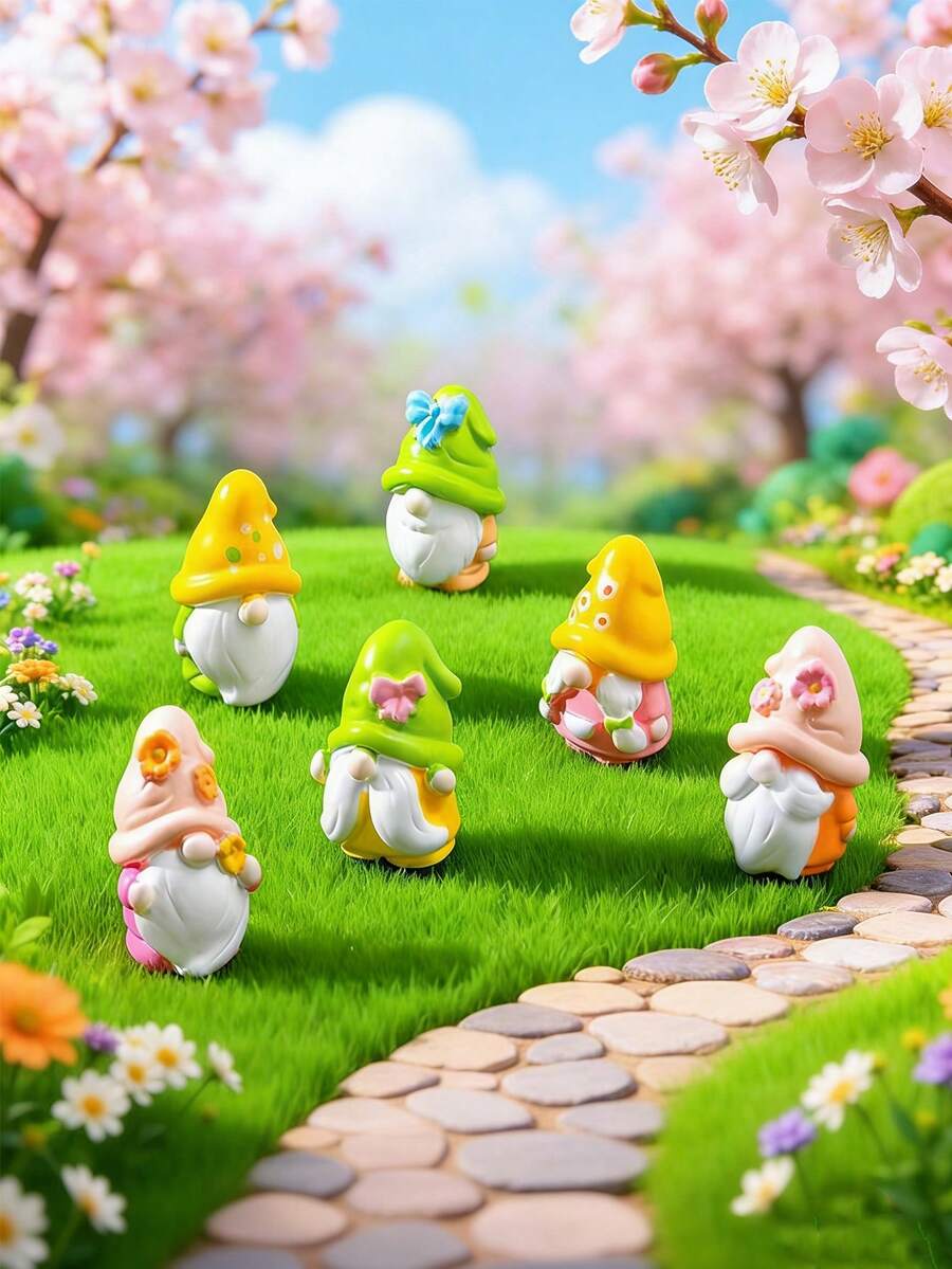 6个迷你树脂花朵小矮人摆件，迷你春季蝴蝶花朵小矮人装饰品，适用于DIY仙女花园、生日派对礼物填充物、微景观工艺品、玻璃容器、盆栽植物装饰、汽车内饰配件、家居装饰、书架、客厅场景、主题派对、礼品袋填充物。