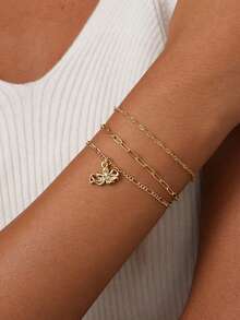 3pcs/Set Women Bracelet Set, Bohemian Summer Beach Style, Includes Golden Plated Multi-Layer Basic Chain, Wave Chain, Paper Clip Chain, Figaro Chain, Copper Zirconia Octopus Pendant Layered Bracelets, Ocean Series Jewelry Gift - Yellow Gold - View 1