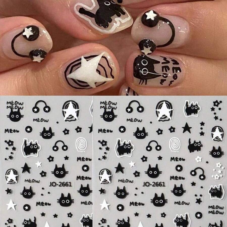 FULL BEAUTY 2pcs Music Black Cat Star White Cartoon Cute Nail Art Stickers AnimalNail Decals DIY Nail Supplies Charms Decorations Japanese Style - Nhiều màu - Xem 1