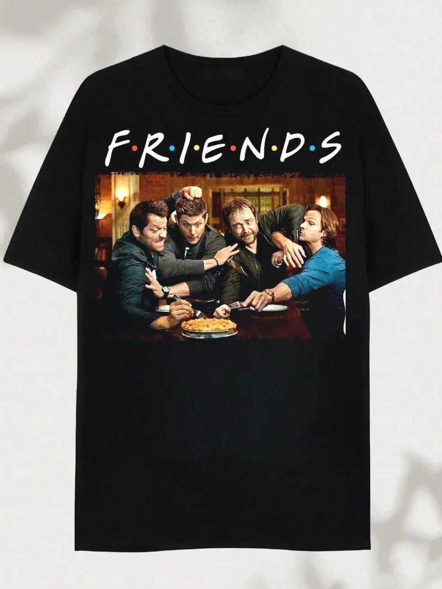 Friends  T-Shirt, Sam And Dean Shirt, TV Series Shirt Men's Cotton T-Shirt 220g Loose Version Of The Casual Round Neck Short Sleeve Top For All Four Seasons With Print - 黑色 - 查看 1