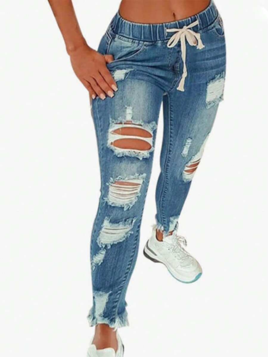 High Waist Drawstring Skinny Jeans Women Stretch Denim Elastic Waist Ripped Slim Fit Casual Pants Leggings Drawstring Waist Curve Hugging Ripped Waist Body Shaping Ripped Pants - Màu xanh hải quân - Xem 1