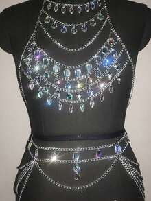 奢华几何造型身体链套装，适合节日派对和音乐节——包含一条颈链和一条腰链，采用UV涂层塑料和铝合金材质。 - 彩色 - 查看 5