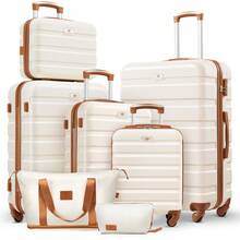 Large Capacity ABS Hardside Luggage Set, 16/20/24/28 Inch Spinner Suitcases + 2 Travel Bags + 1 Cosmetic Case, 7-Piece Set For Holiday Travel, Business Commutes, Valentine's Day Getaways, Spring Travel - 白棕色 - 查看 13