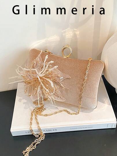 Elegant spetsblomma- och fjäderdekorerad kuvertväska, Cheongsam-klänning med festaxelrem