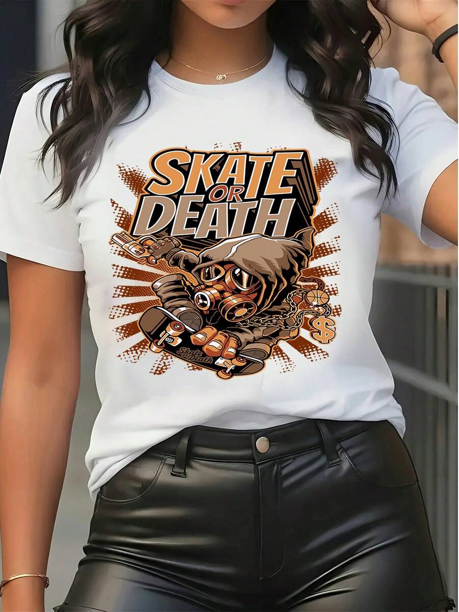 T-shirt graphique à manches courtes pour femmes, imprimé "Skate Or Death", t-shirt décontracté col rond, streetwear pour l'été, coupe ample - Blanc - Voir 1