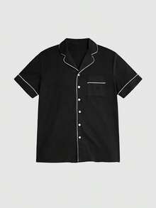 Bộ đồ ngủ nam phong cách retro tối giản, tay ngắn, cổ chữ V, trang phục thường ngày đa năng cho nhà và ngoài trời. - màu đen - Xem 3