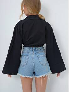 Camisa casual de manga larga con botones delanteros y lazo, de unicolor - Negro - Ver 5