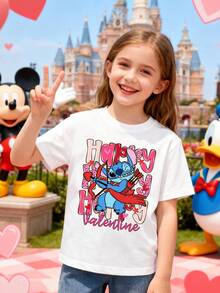 Disney Clothing, Featuring A Disney Stitch Valentine's Day-Themed Letter Print On This Girls' T-Shirt. This Soft, Breathable Short-Sleeve Crew Neck Tee Is Perfect For Spring And Summer Outfits, Ideal For Everyday Wear, Vacation Leisure, Outdoor Activities, School Life, And Shopping Trips. It Also Makes An Excellent Gift For Boys And Girls Alike. Every Child Deserves One. - 白色 - 查看 2
