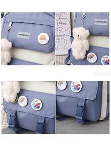 Baila Morena Kit Of 5 Bags With Tag, Buckle, School Backpack, Multi-Pocket Tote Bag, Shoulder Bag, Crossbody Bag, Pencil Case, Coin Purse, Multifunctional, Adjustable Strap, Pendant, Brooch - Preto Ursinho - 查看 8