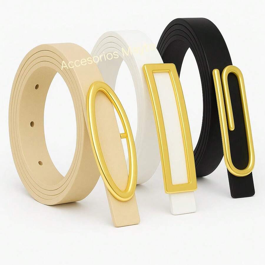 Set Of 3 Women's Belts, Mixes With Assorted Buckles, Casual Style. - Black, White, Beige - View 1