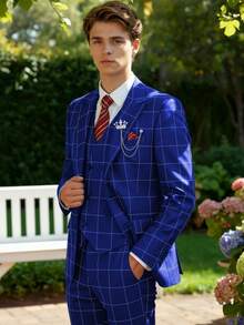 Men's Stripe 3 Piece Suit Set Slim Fit One Button Tuxedo Jacket Vest Pants For Wedding Prom Business & Formal Events - Royal Blue - View 6