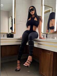 Women's Sexy Cutout Waist Jumpsuit Nightclub Hot Girl High Neck Slim Fit Bodycon Long Pants Romper - 黑色 - 查看 2