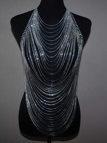 Sparkling Rhinestone Tassel Women's Chest Chain, Sexy Backless V-Neck Crop Top For Party And Carnival - Silver - View 4
