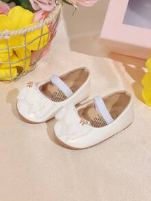 1 Pair Infant/Toddler Girls' Solid Color Bow Elastic Band Rubber Sole Non-Slip Soft Bottom Walking Shoes, Simple & Elegant Princess Style, Suitable For Spring/Autumn - White - View 2
