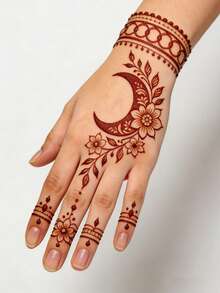 2 miếng dán hình xăm henna tạm thời hình trăng và hoa - Thiết kế Mehendi cho nghệ thuật trang trí cơ thể trong các bữa tiệc và lễ hội. - màu nâu - Xem 4