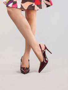 女士时尚搭扣高跟鞋，性感尖头晚宴派对鞋，亮面酒红色细高跟凉鞋 - 酒紅色 - 查看 7