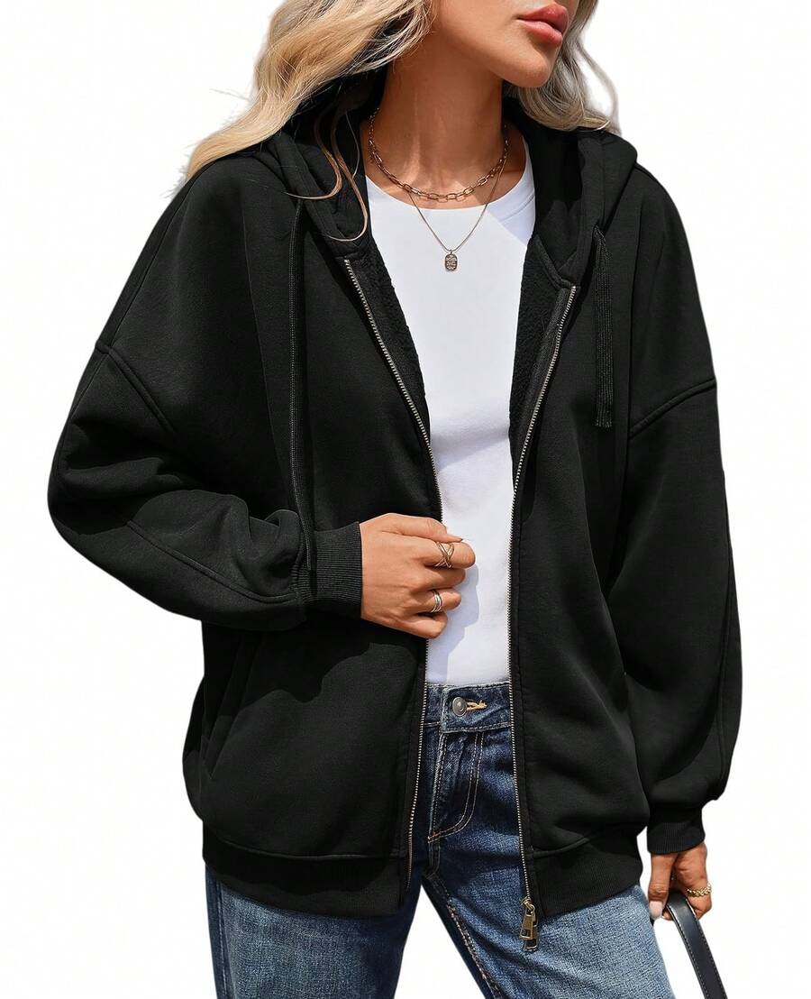 Sudaderas con capucha con cremallera para mujer, sudaderas con lavado ácido, ropa de otoño e invierno con estilo Y2K, chaquetas, ropa de calle vintage - Negro - Ver 1