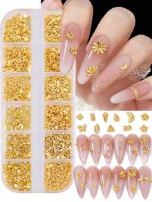 12格迷你金色美甲装饰，DIY金色心形长方形水滴形蝴蝶结美甲配件，美甲用品，美甲饰品，Y2K美甲饰品 - 金色 - 查看 2