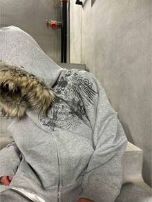 Jackets For Men,Men's Street Rock Punk Unisex  Coat With Fur Collar And Hood - Màu xám có họa tiết - Xem 2