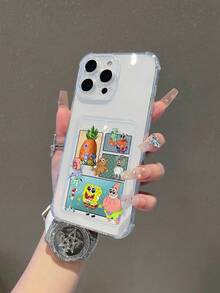 1pc Cute & Fun Transparent Card Holder Case, Minimalist Design - Patchwork Spongebob & Teddy Bear Painted Pattern, Shockproof Phone Case Compatible With IPhone 11/12/12 Pro Max/14 Pro Max/15/15 Pro/16/16 Pro Max/17 And Other Models - Multicolor - View 5