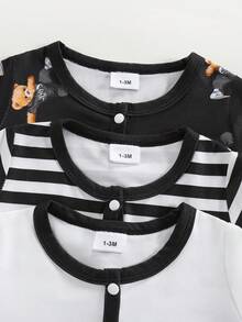 3件套可爱卡通小熊条纹印花长袖连体衣，适合男婴 - 黑與白 - 查看 6