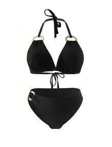 Plus Size Women's New Summer Sequin Solid Color Buckle Decor Two Pieces Bikini, Suitable For Vacation, Beach Date, Valentine's Day Tie Swimsuit Set - Black - View 3