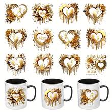 12张/套金色爱心花朵妈妈母亲节设计UV DTF热转印贴纸，卡通图案，耐刮擦3D乙烯基薄膜贴纸，适用于玻璃杯、马克杯、冰箱 - 高品质贴纸，DIY艺术水晶标签，送给妈妈的积极礼物 - 彩色 - 查看 5
