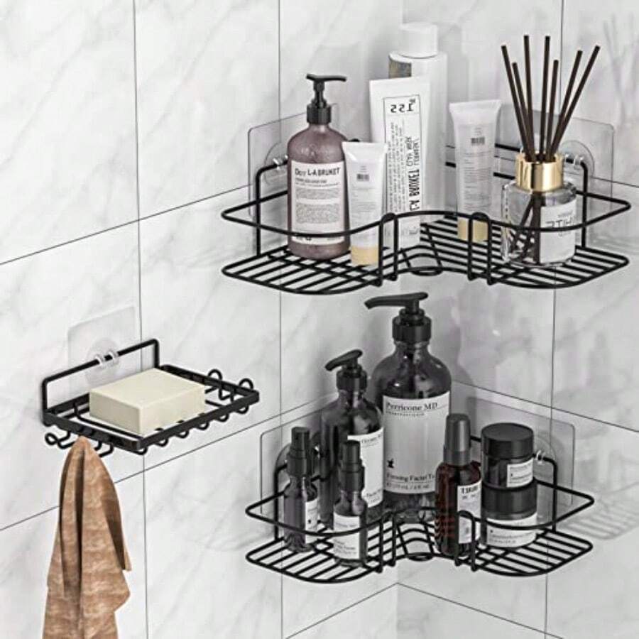 Corner Shower Caddy 3 Pack Bathroom Shelves With Soap Razor Holder No Drilling Shower Shelf Adhesive Shower Storage Rack Black - Black - View 1