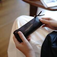 1pc Vintage Minimalist Large Capacity Pencil Case, PU Leather Storage Bag, Makeup Brush Organizer Pouch, Portable Travel Organizer Bag