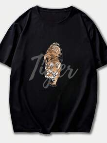 Camiseta de mujer de algodón 100% con estampado de tigre, manga corta, suelta, casual, para verano, moda Streetwear, camiseta gráfica divertida - Negro - Ver 1