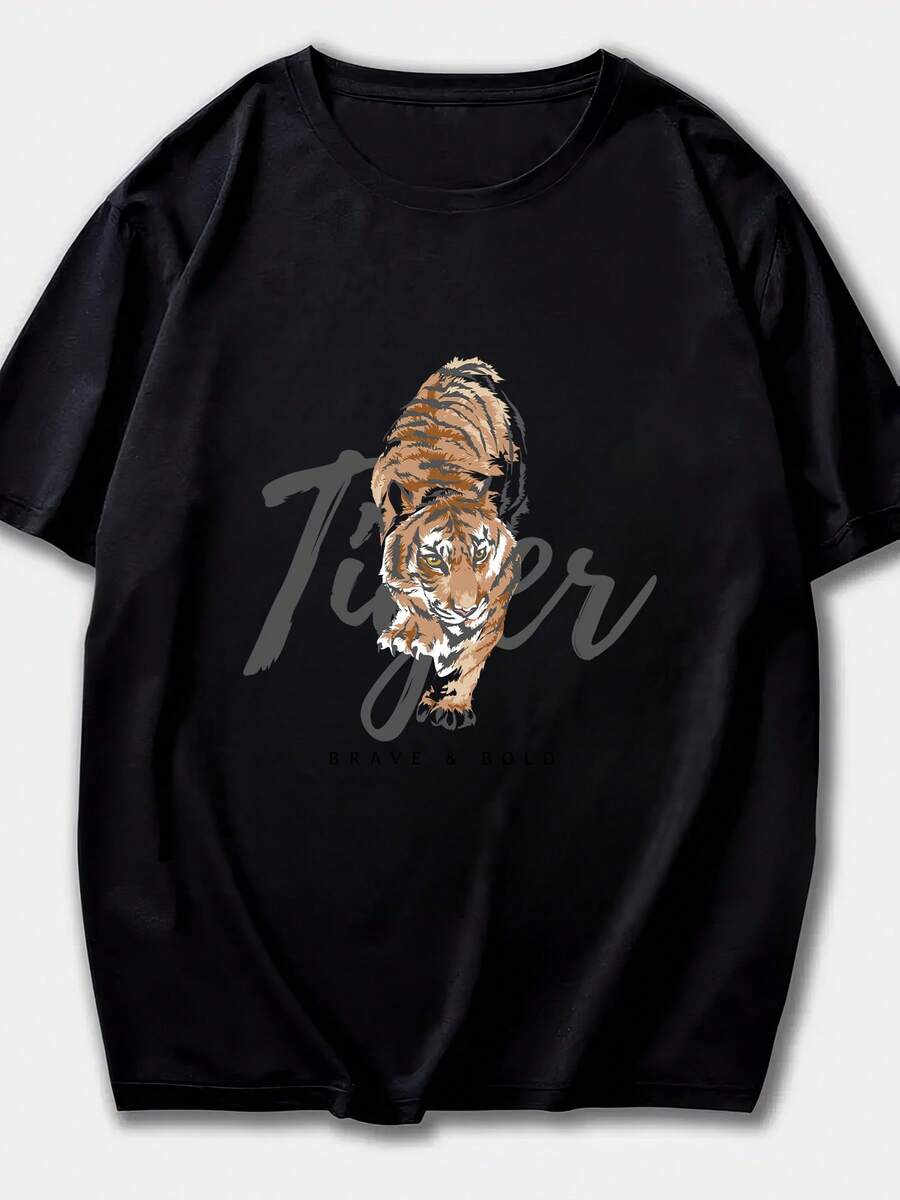 Camiseta de mujer de algodón 100% con estampado de tigre, manga corta, suelta, casual, para verano, moda Streetwear, camiseta gráfica divertida - Negro - Ver 1