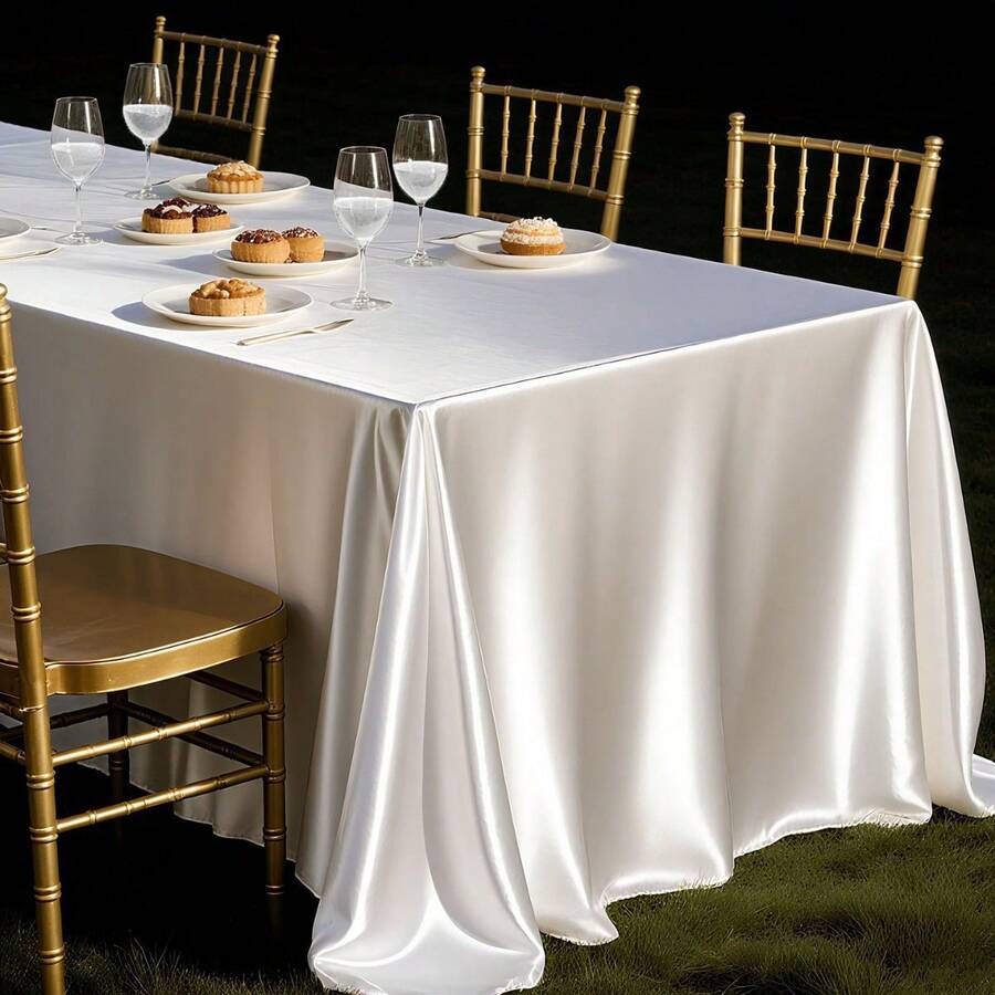 1pc White Satin Square Tablecloth, Solid Color Polyester Tablecloth, Wedding Party Supplies, Birthday Decoration, Home Decor, Perfect For Rustic Wedding, Bridal Shower, Birthday, Baby Shower, Indoor/Outdoor Events, Ceremony, Kitchen, Gathering - White - View 1