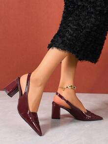 Pointed Toe Solid Color High Heel Sandals, Bowknot Chunky Heel Mary Jane Shoes, Versatile Spring/Summer New Arrivals - Burgundy - View 3