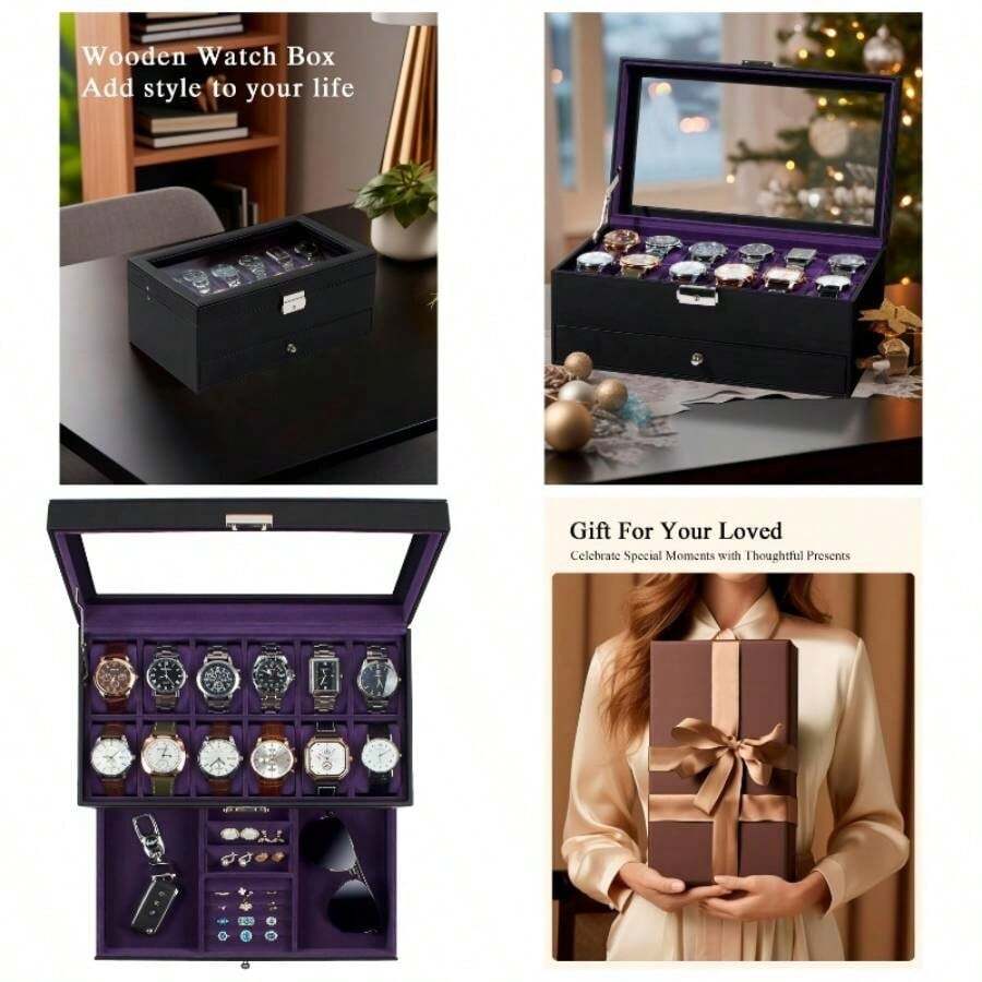 Watch Box, 12 Slot Watch Case With Glass Lid, Lockable Double Watch Storage Box With 1 Wrawer Rings, Earrings, Idea, Black Synthetic Leather, Purple Lining - 12 Slots + Black-purple - View 1