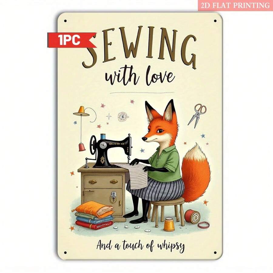 2D Flat, 1pc Vintage Sewing Fox Metal Sign, 8x12 Inch - Whimsical Iron Wall Art With Stitching Theme, Ideal For Craft Room, Studio, Or Bedroom Decor, Perfect Gift For Handmade Enthusiasts, Craft Room Decor, Perfect For Room Decor - White - View 1