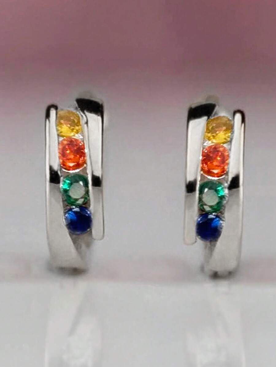 1 Đôi bông tai vòng đính đá Cubic Zirconia tuyệt đẹp dành cho nữ, thích hợp làm quà tặng đám cưới, kỷ niệm, lễ đính hôn, tiệc tùng hoặc ngày Valentine. - Bạc + màu - Xem 1