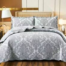 3 Piece Quilted Patchwork Bedspread Throw - Single Double King Size Bedding Set - Damask Grey - View 1