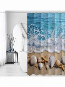 1/4 piezas Juego de cortina de ducha y alfombra antideslizante con diseño de olas oceánicas, para decoración de baño, un regalo de decoración del hogar elegante y práctico - Multicolor - Ver 6