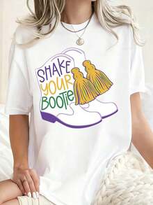 Women's Mardi Gras Snake Your Bootie Boots With Tassels Fun Print T-Shirt Soft Cotton Casual Round Neck Versatile Top Machine Washable Hand Wash Gift Recommendation For Festival Party Celebration - 白色 - 查看 1