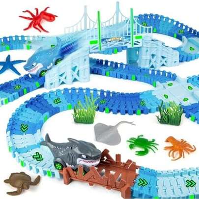 268 PCS Race Tracks Dinosaur Toys For Kids 3-5, Glow In The Dark Magic Toy Set, 2 Dinosaur Cars Track, Flexible DIY Track Set, Birthday Gift For Age 3-9 Boys Toddler Girls(Shark Race Track)