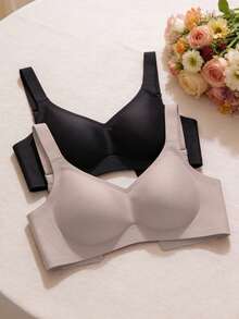 2pcs Minimalist Comfortable Sports Bras For Women, Wireless, Solid Color - Multicolor - View 2