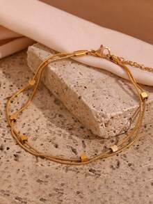 1 pieza Tobillera de mujer de doble capa, estilo de playa de acero inoxidable con diseño cuadrado multicapa, regalo de joyería de moda (sin caja de regalo) - Amarillo Oro - Ver 4