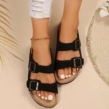Women Comfort Straps Adjustable Buckle Cork Footbed Slides Flats Sandals Shoes Summer Outdoor Walking Travel - 黑色 - 查看 6