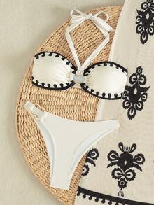Bộ bikini 3 mảnh phong cách Bohemian thanh lịch, có dây đeo điều chỉnh được, cổ chữ V, thích hợp cho kỳ nghỉ của phụ nữ. - trắng - Xem 6
