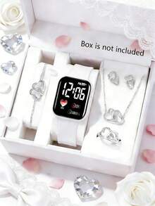 6/5件套女孩优雅时尚LED数字电子手表，搭配精致闪亮爱心首饰套装，包括手链、项链、戒指、耳环，是女孩日常佩戴、生日、节日、派对、度假、情人节、新年等场合的完美首饰配饰，也是送给女孩的新年礼物。 - 彩色 - 查看 13