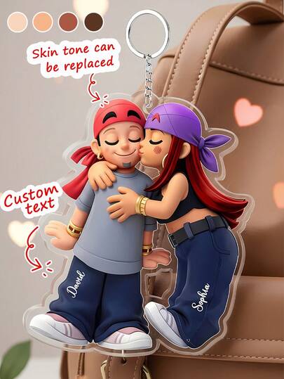 Customized Cartoon Couple Keychain, Can Customize Name And Skin Tone, Cute Acrylic Couple Bag Pendant, Durable, Lightweight And Fashionable, Suitable For Valentine's Day, Anniversary And Daily Wear. Personalized Keychain, Customized Name Keychain, Couple Keychain, Acrylic Keychain, Cartoon Keychain